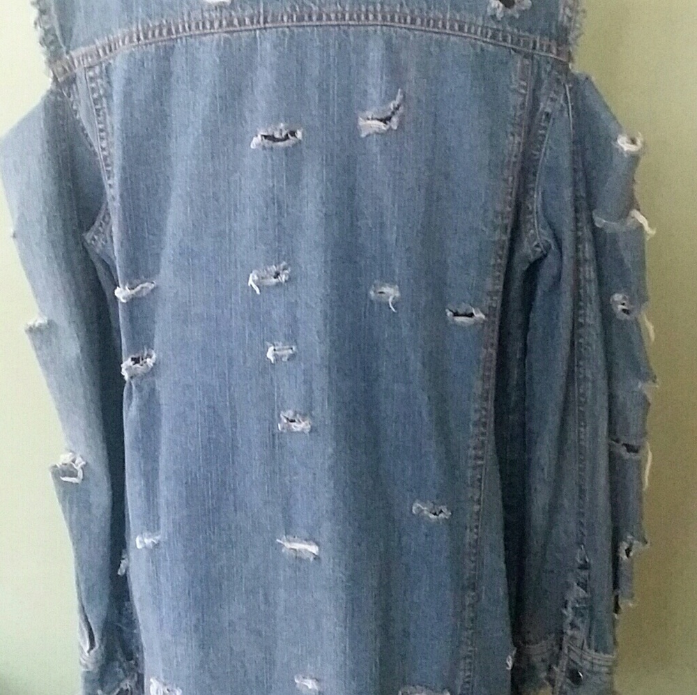 Jean Distressed Denim Cold Shoulder Dress Jacket - Picture 5 of 5